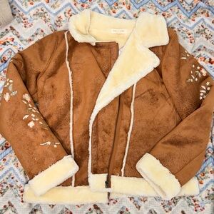 Floral Embroidered Tan and Cream Teddy Jacket